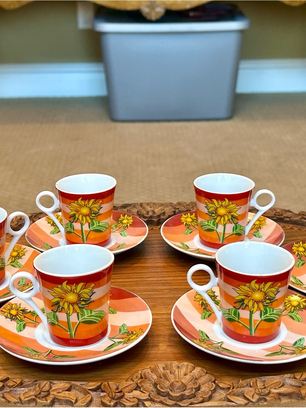 6 Sunflower Orange Porcelain Espresso Cup & Saucer Sets